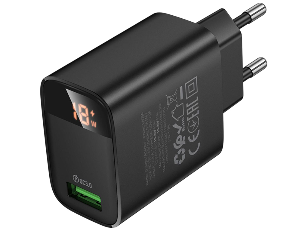 Зарядний пристрій Borofone BA95A 1USB QC 18W Led Display, 83×45×28мм, колір чорний