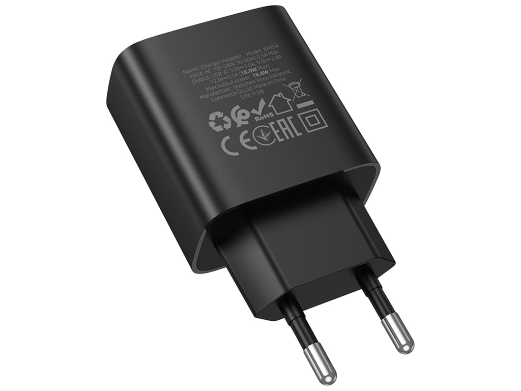 Зарядний пристрій Borofone BA95A 1USB QC 18W Led Display, 83×45×28мм, колір чорний