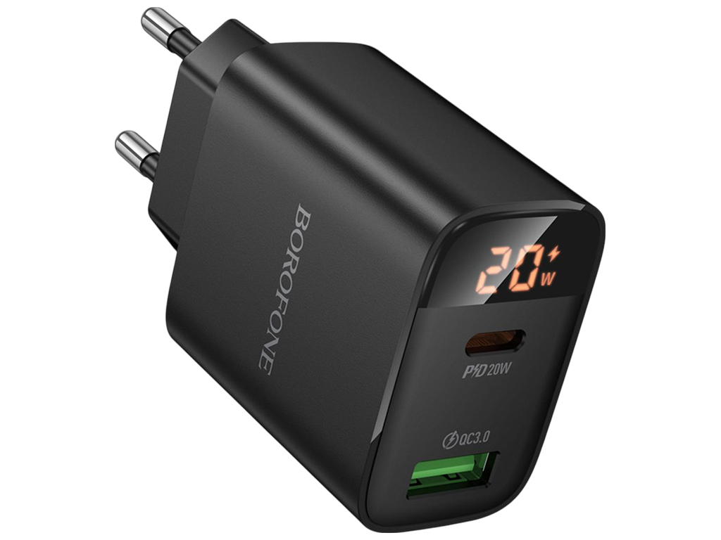 Зарядний пристрій Borofone BA96A, 1USB-C/1USB, PD/QC 20W, дисплей, 83×45×28мм, чорний