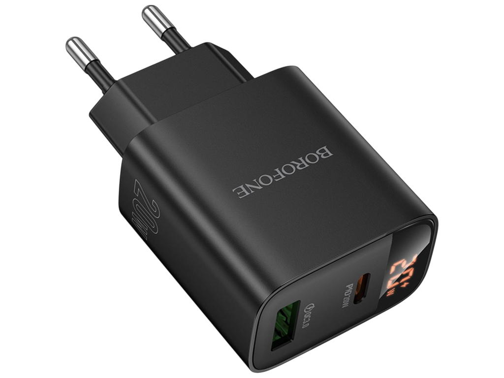 Зарядний пристрій Borofone BA96A, 1USB-C/1USB, PD/QC 20W, дисплей, 83×45×28мм, чорний