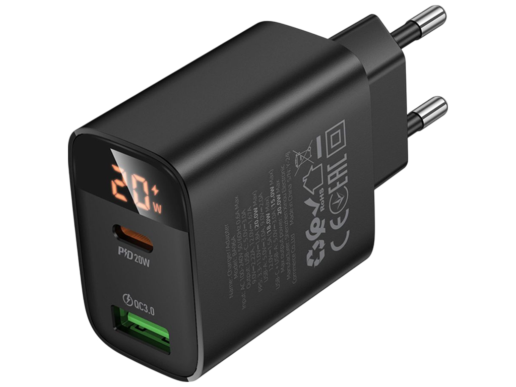 Зарядний пристрій Borofone BA96A, 1USB-C/1USB, PD/QC 20W, дисплей, 83×45×28мм, чорний