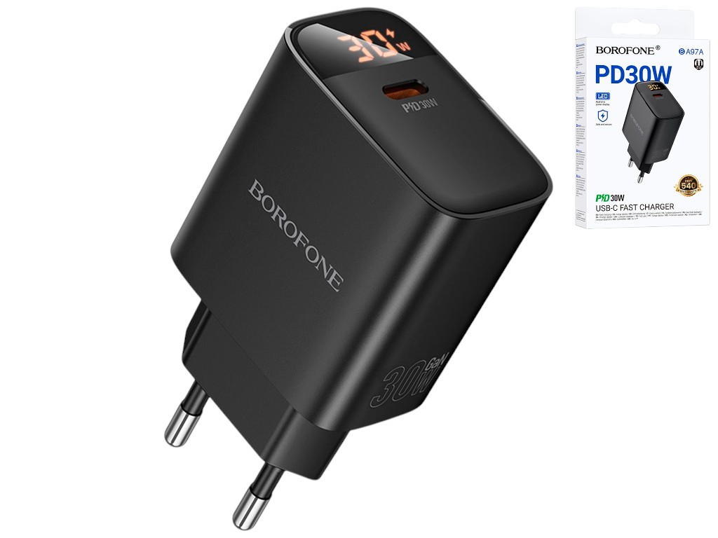Мережевий зарядний пристрій Borofone BA97A, USB-C, PD/QC, 30W, Led Display, 83×45×28мм, колір чорний