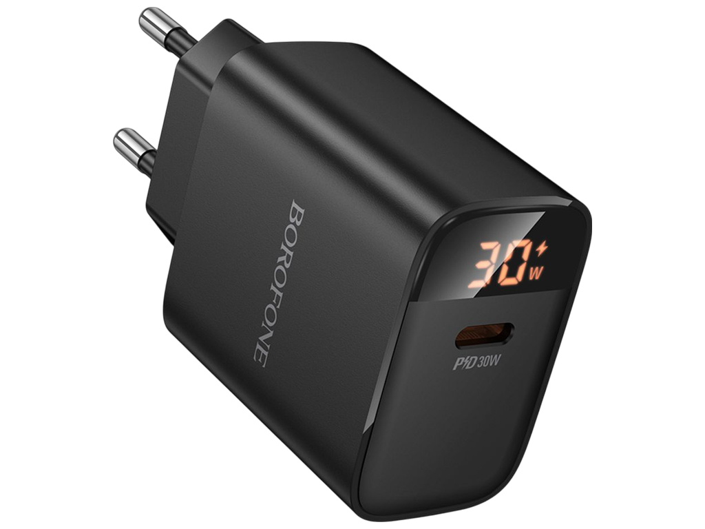 Мережевий зарядний пристрій Borofone BA97A, USB-C, PD/QC, 30W, Led Display, 83×45×28мм, колір чорний