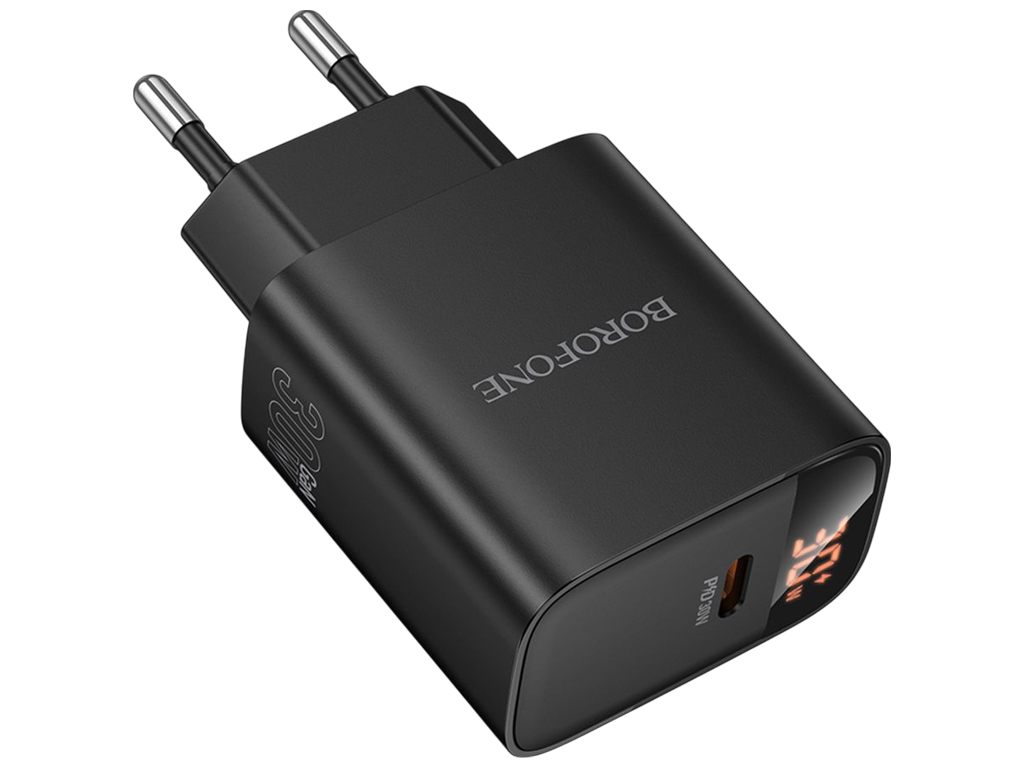Мережевий зарядний пристрій Borofone BA97A, USB-C, PD/QC, 30W, Led Display, 83×45×28мм, колір чорний