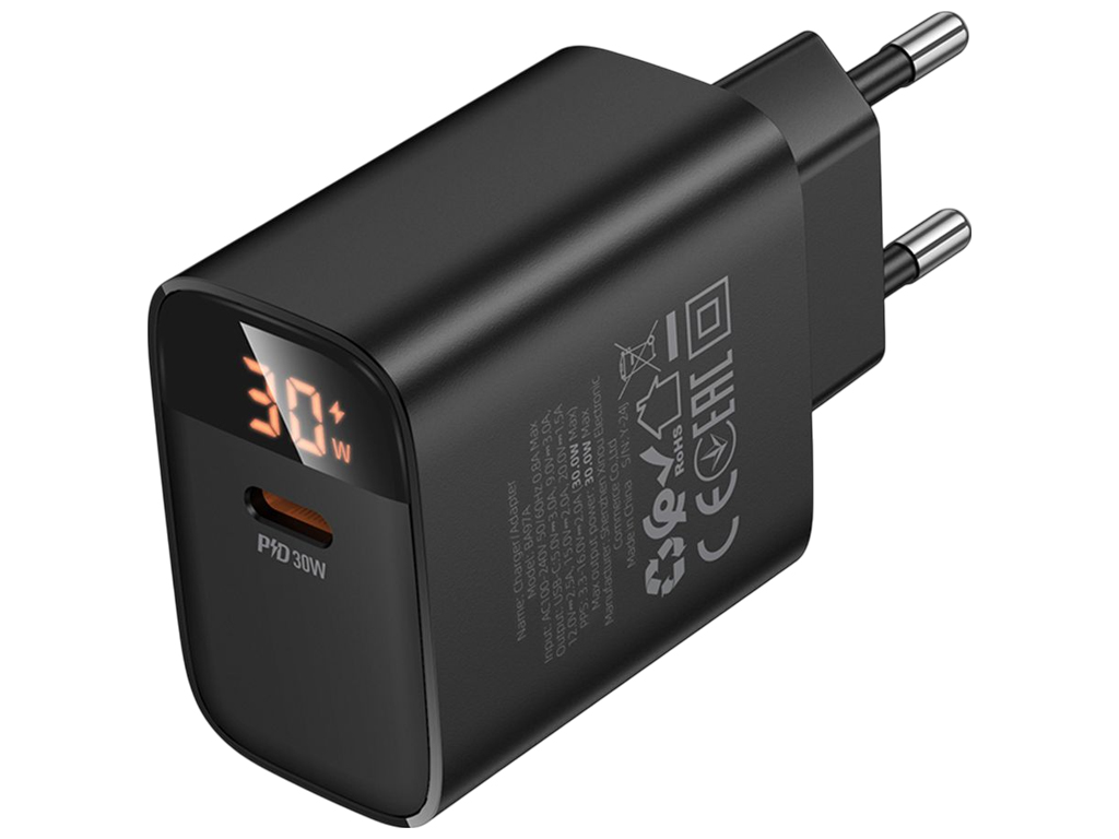 Мережевий зарядний пристрій Borofone BA97A, USB-C, PD/QC, 30W, Led Display, 83×45×28мм, колір чорний