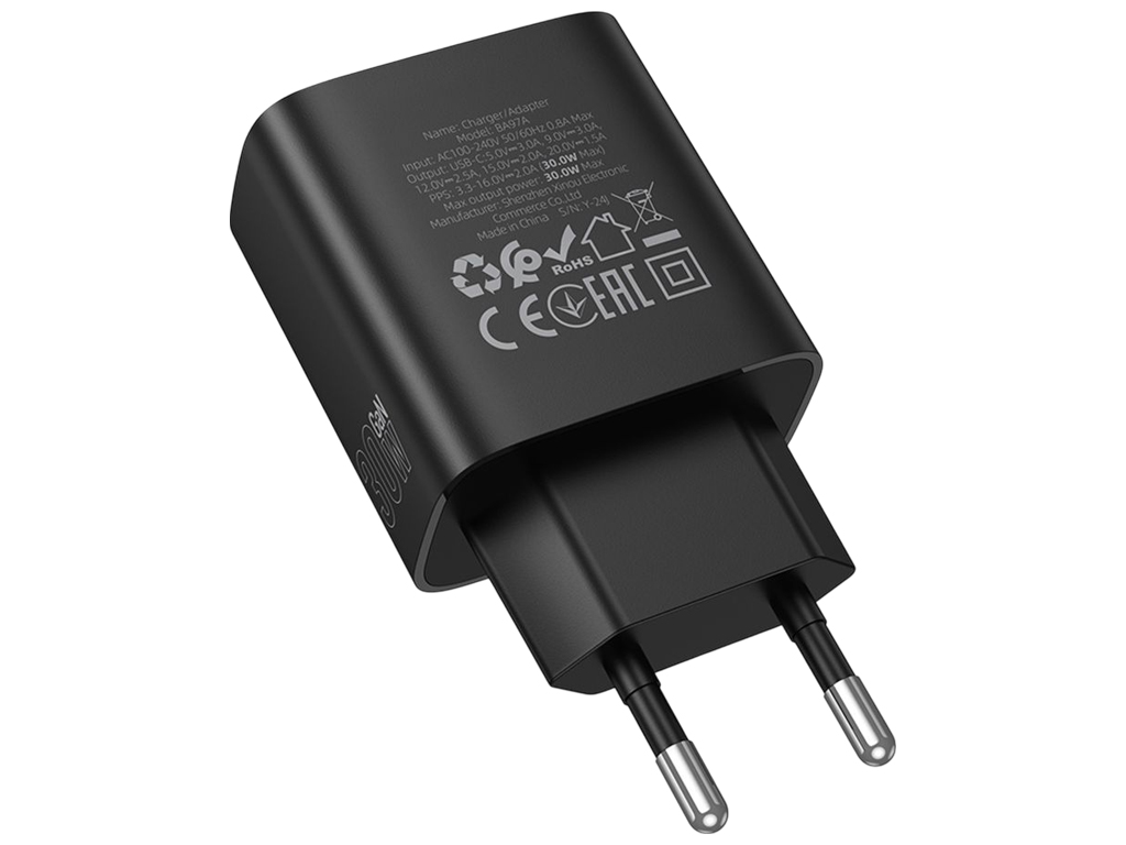 Мережевий зарядний пристрій Borofone BA97A, USB-C, PD/QC, 30W, Led Display, 83×45×28мм, колір чорний