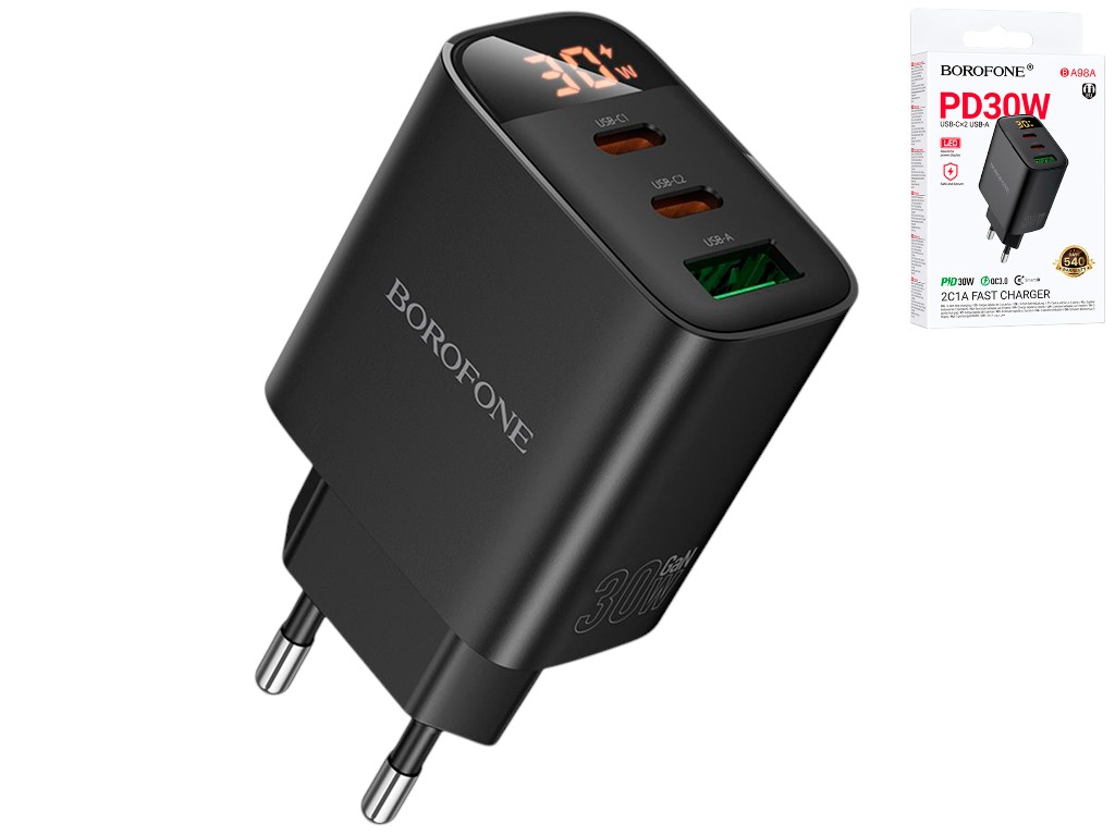 Зарядний пристрій Borofone BA98A, 2×USB-C+USB, PD/QC 30W, Led-дисплей, 83×45×28мм, чорний