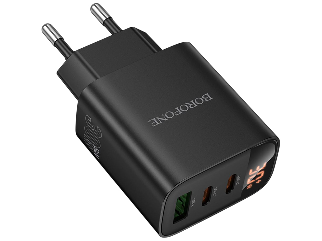 Зарядний пристрій Borofone BA98A, 2×USB-C+USB, PD/QC 30W, Led-дисплей, 83×45×28мм, чорний