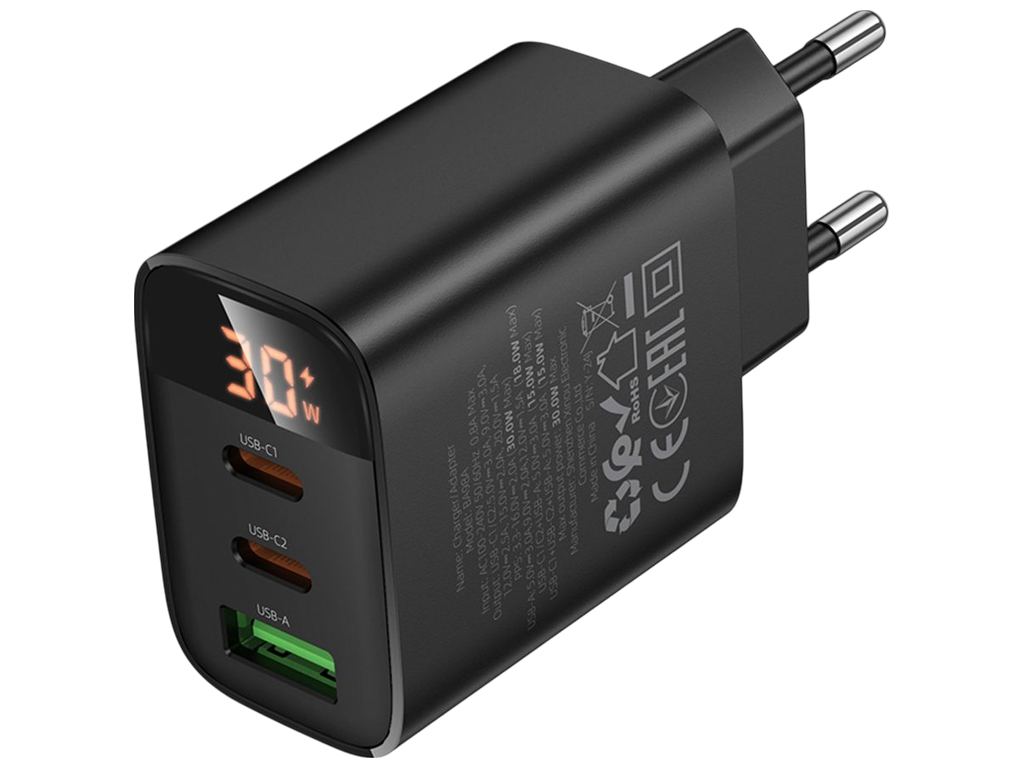 Зарядний пристрій Borofone BA98A, 2×USB-C+USB, PD/QC 30W, Led-дисплей, 83×45×28мм, чорний