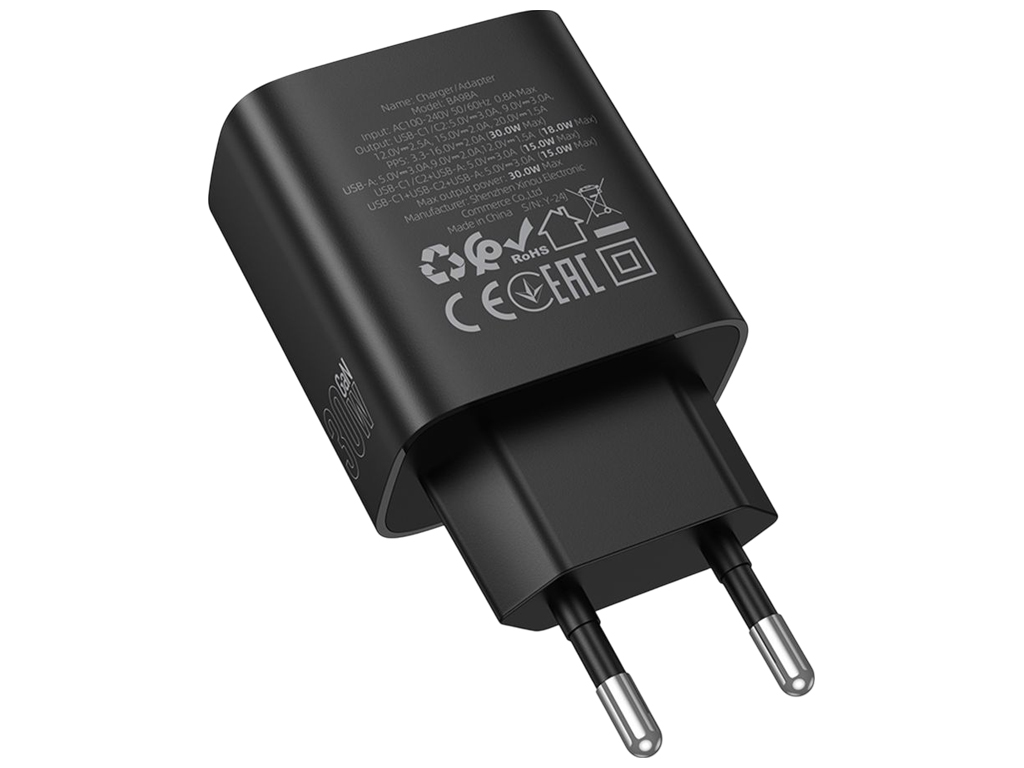 Зарядний пристрій Borofone BA98A, 2×USB-C+USB, PD/QC 30W, Led-дисплей, 83×45×28мм, чорний