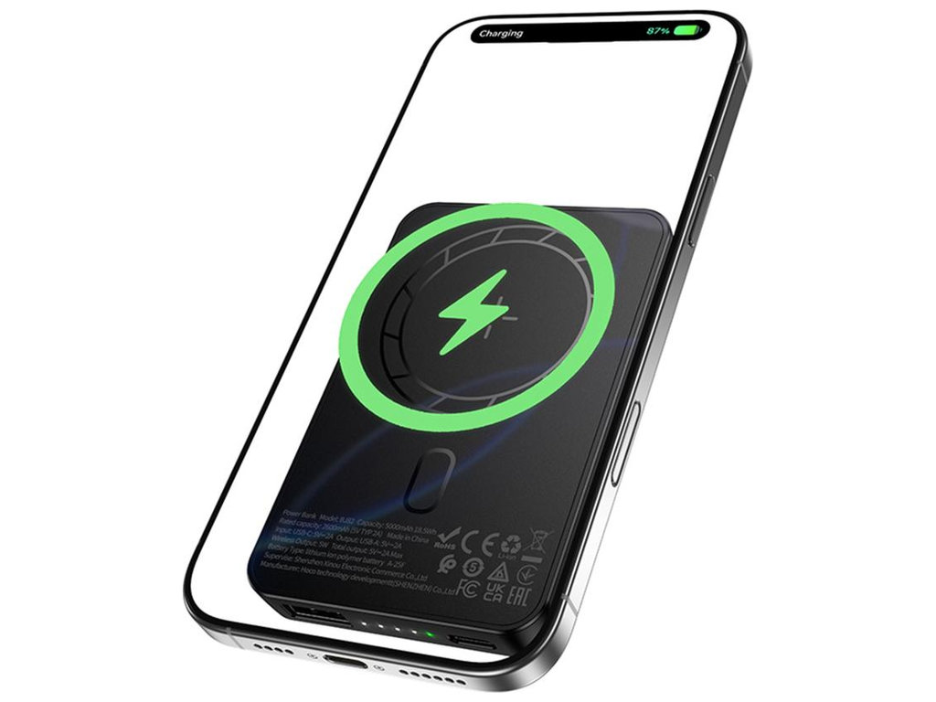 Power Bank Borofone BJ82 Dawn, магнітний, бездротова зарядка, 5000mAh, Type-C, ABS+PC, колір чорний