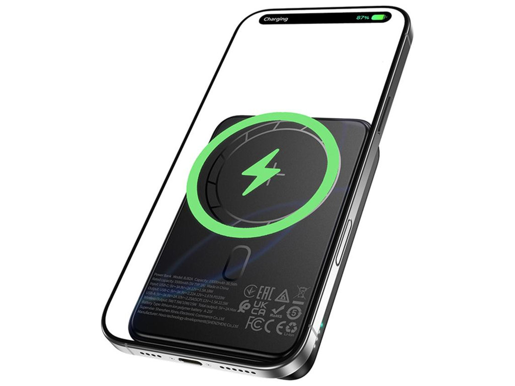 Power Bank Borofone BJ82A Dawn, 10000mAh, PD20W, магнітний, бездротова зарядка, пластик, чорний