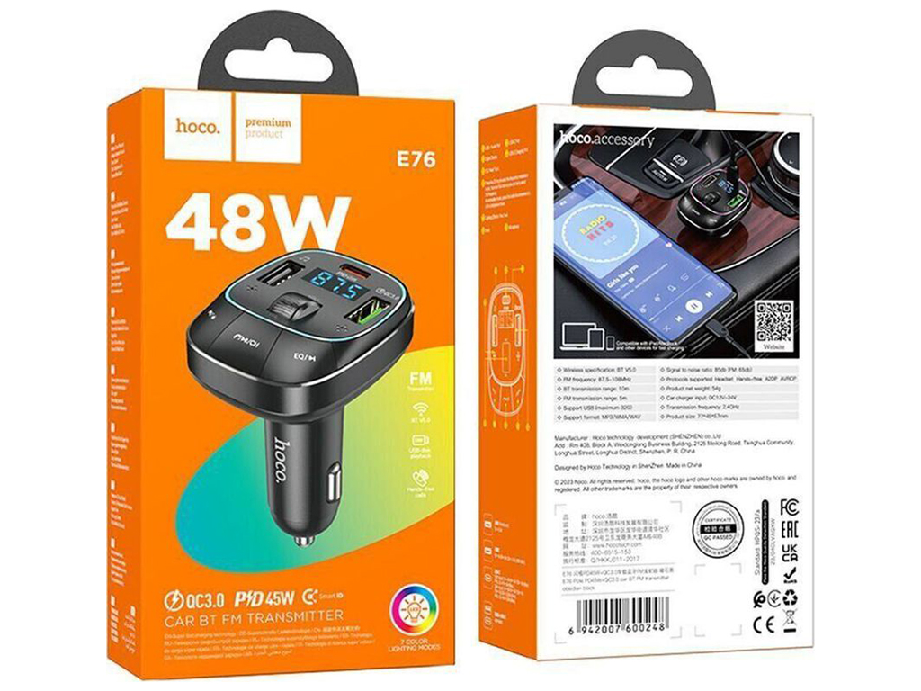 Модулятор Hoco E76 Pole PD48W+QC3.0 car BT FM transmitter Колір Чорний