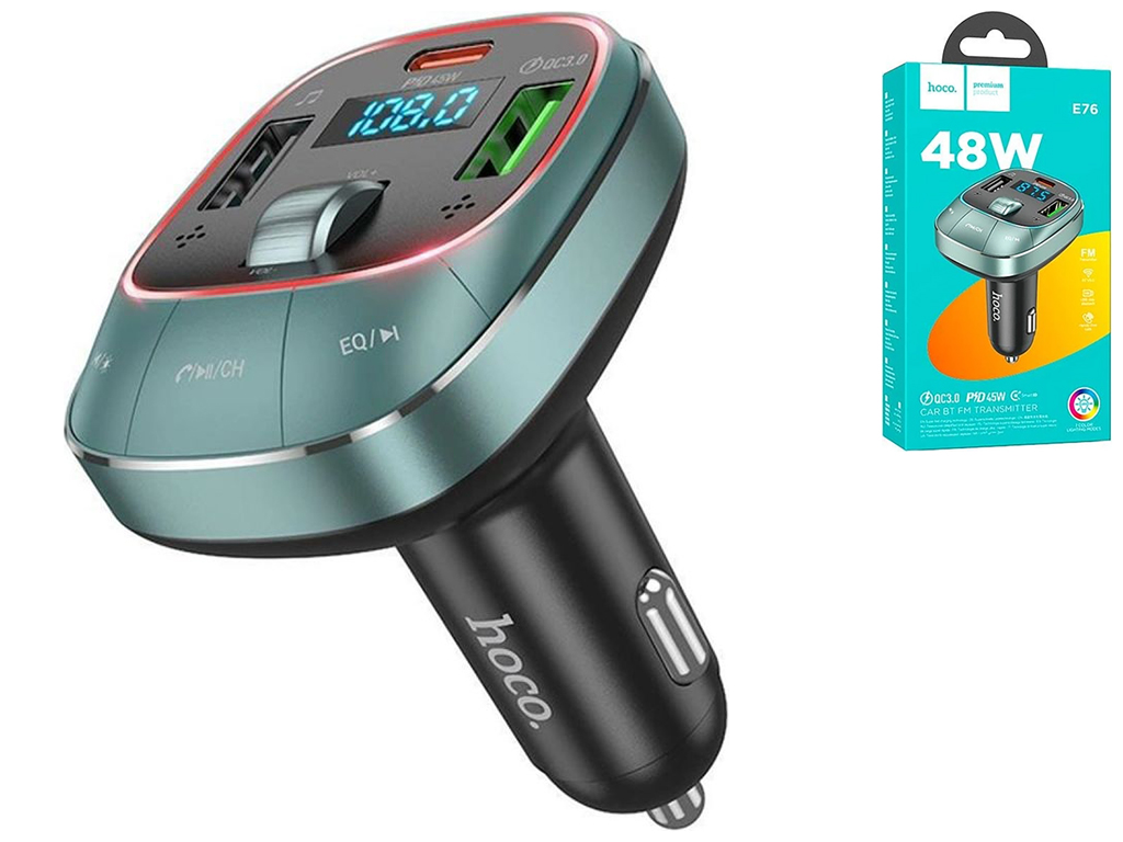 Модулятор Hoco E76 Pole PD48W+QC3.0 car BT FM transmitter Колір Сiрий