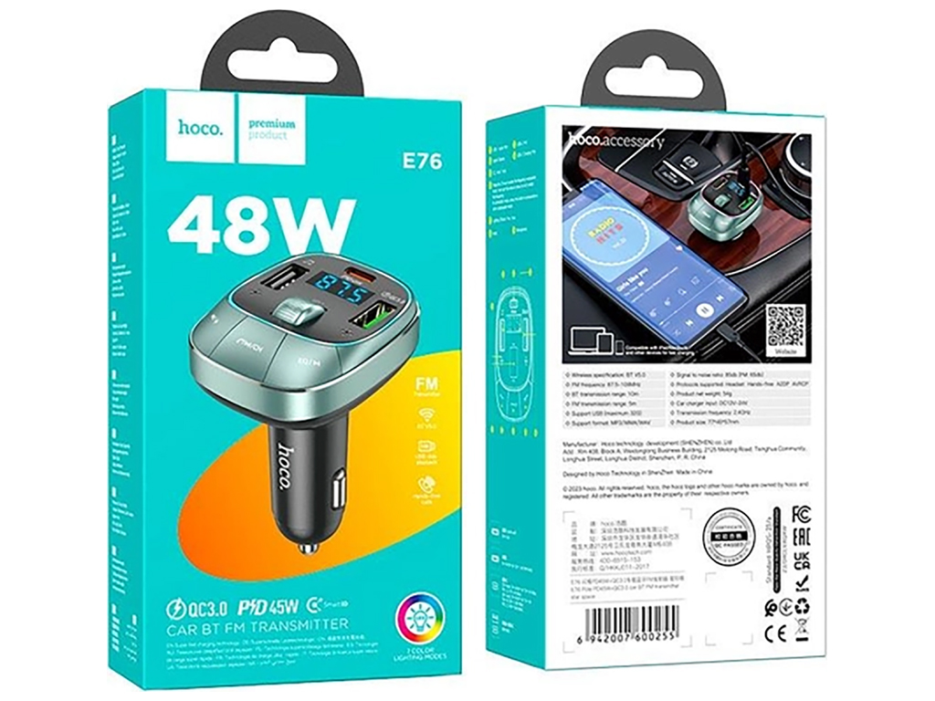 Модулятор Hoco E76 Pole PD48W+QC3.0 car BT FM transmitter Колір Сiрий