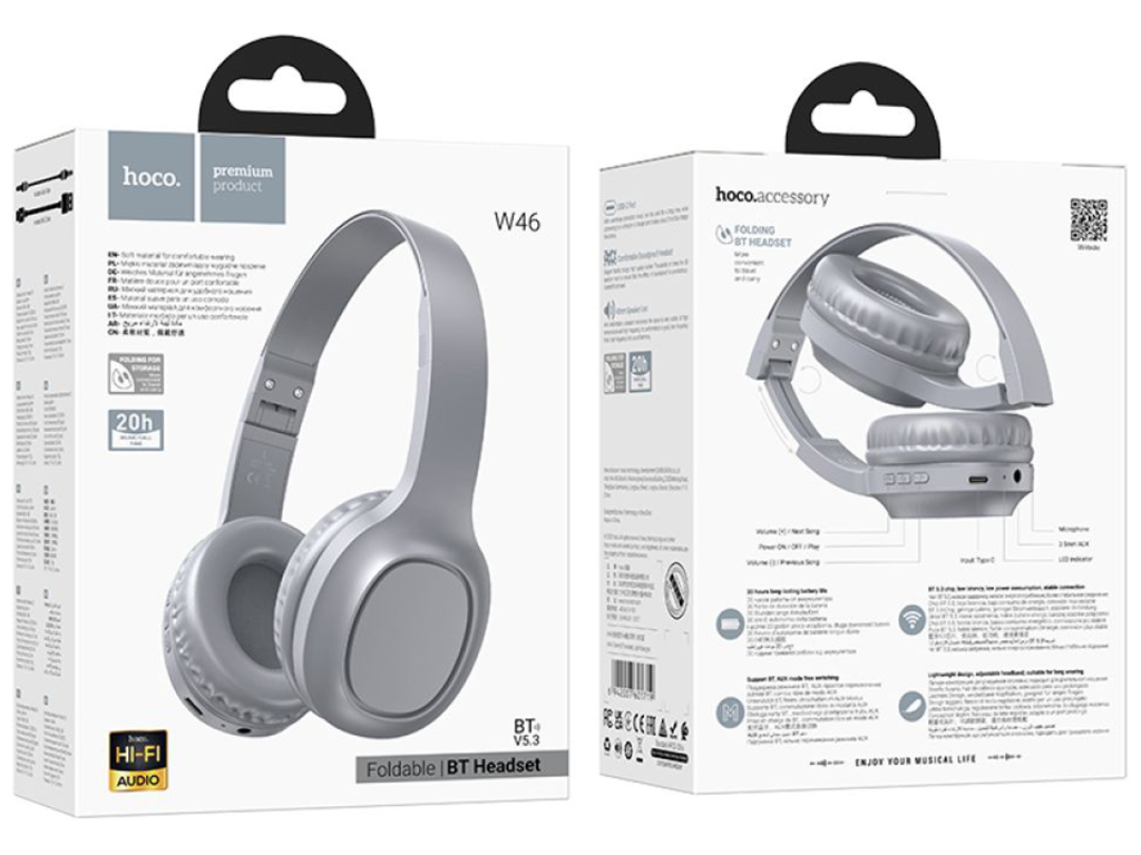 Блютуз стерео гарнитура Hoco W46, Цвет Серый