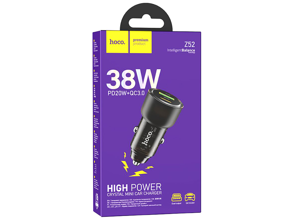 Авто Зарядное Устройство Hoco Z52 Spacious PD38W+QC3.0, Цвет Прозрачно-черный