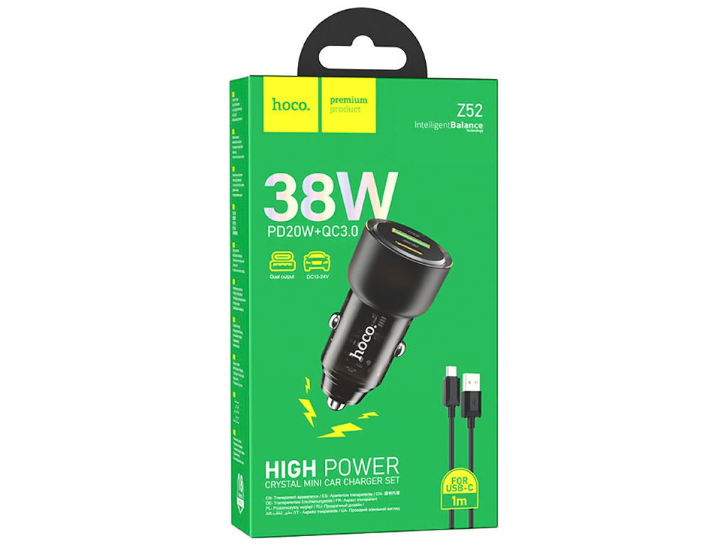 Авто Зарядное Устройство Hoco Z52 Spacious PD38W+QC3.0 Type-C, Цвет Прозрачно-черный