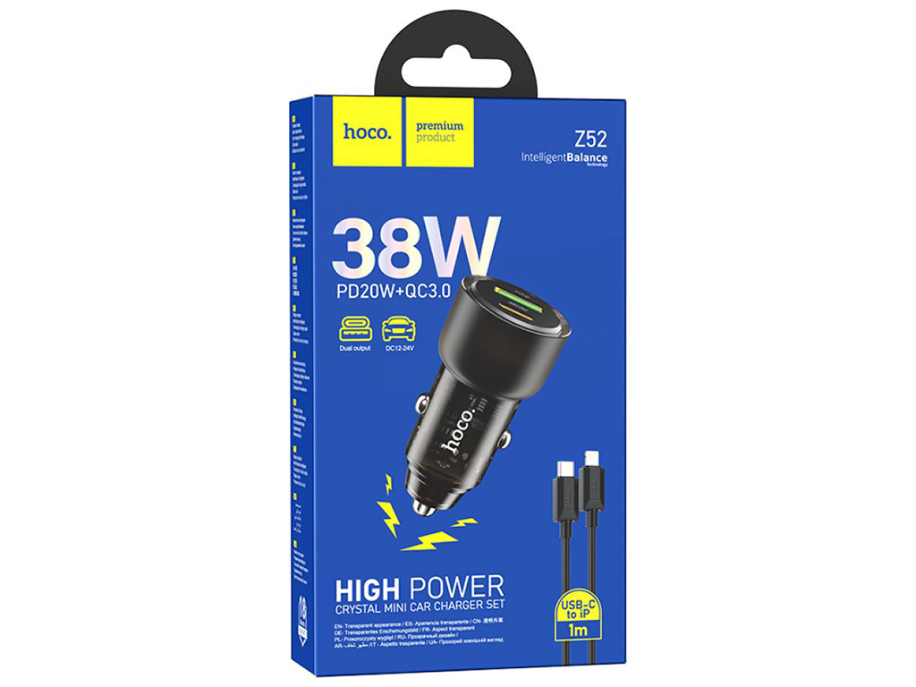 Авто Зарядное Устройство Hoco Z52 Spacious PD38W+QC3.0 Type-C to Lightning, Цвет черный