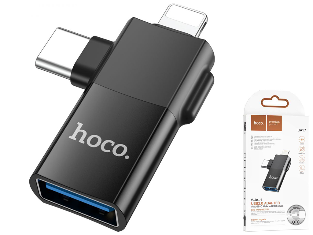 Перехідник Hoco UA17 iP male/Type-C male to USB female two-in-one Колір Чорний