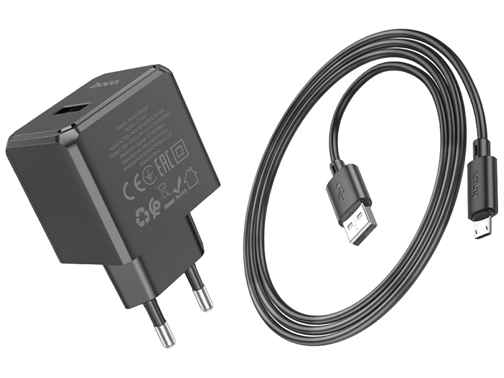 Мережевий Зарядний Пристрій Hoco CS11A 1USB 2.1A+USB to Micro, Колір Чорний