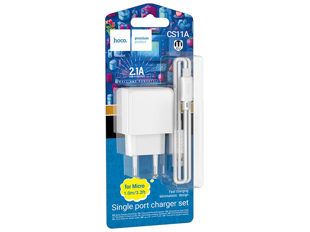 Мережевий Зарядний Пристрій Hoco CS11A 1USB 2.1A+USB to Micro, Колір Білий