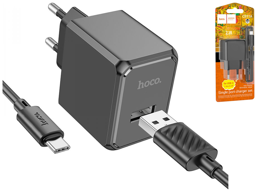 Мережевий Зарядний Пристрій Hoco CS11A 1USB 2.1A+USB to Type-C Колір Чорний