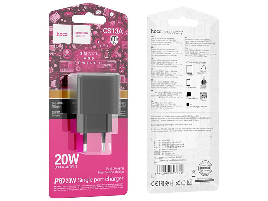 Сетевое Зарядное Устройство Hoco CS13A 1USB-C PD/QC 20W Цвет Черный