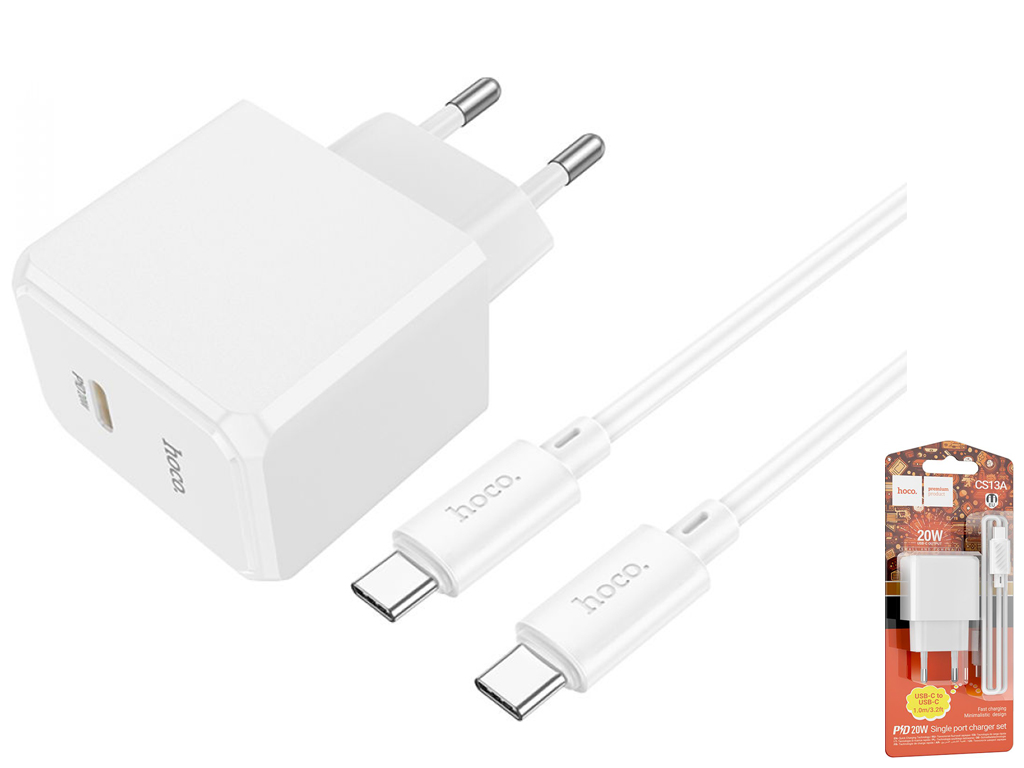 Сетевое Зарядное Устройство Hoco CS13A 1USB-C PD/QC 20W+Type-C to Type-C Цвет Белый