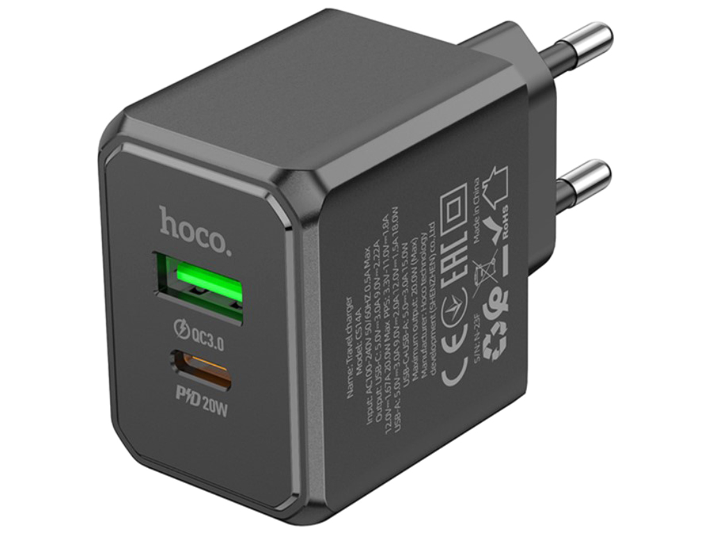 Сетевое зарядное устройство Hoco CS14A 1USB-C/1USB PD/QC 20W, Цвет Черный