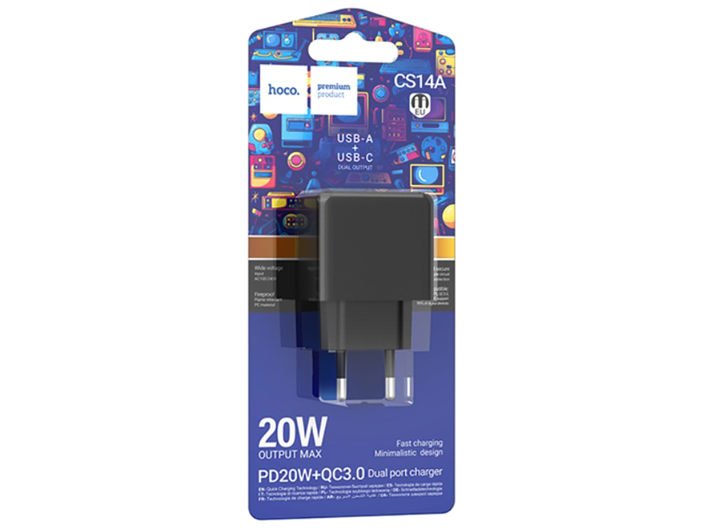 Сетевое зарядное устройство Hoco CS14A 1USB-C/1USB PD/QC 20W, Цвет Черный