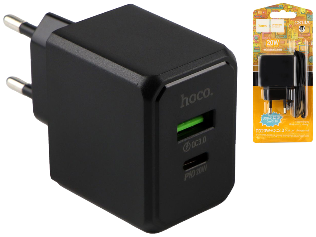 Сетевое зарядное устройство Hoco CS14A 1USB-C/1USB PD/QC 20W+Type-C to Lightning, Цвет Черный