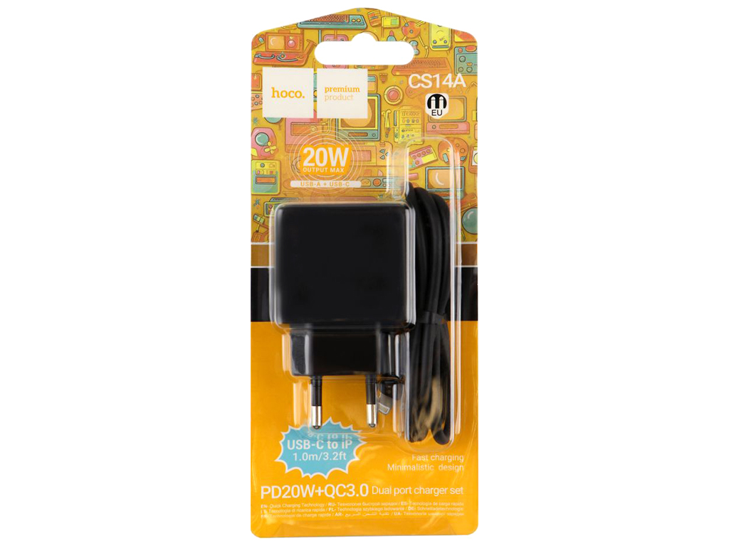 Сетевое зарядное устройство Hoco CS14A 1USB-C/1USB PD/QC 20W+Type-C to Lightning, Цвет Черный