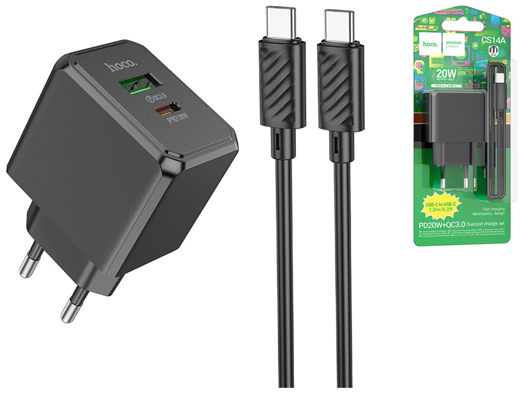 Сетевое зарядное устройство Hoco CS14A 1USB-C/1USB PD/QC 20W+Type-C to Type-C, Цвет Черный