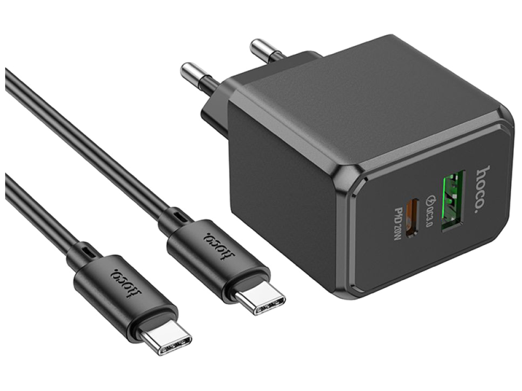 Сетевое зарядное устройство Hoco CS14A 1USB-C/1USB PD/QC 20W+Type-C to Type-C, Цвет Черный