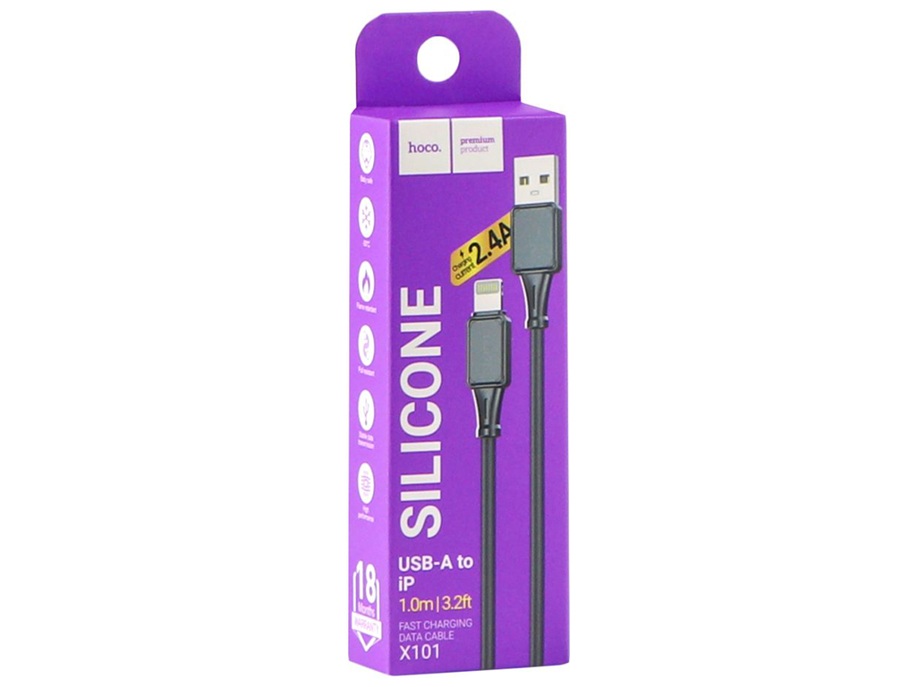 Кабель USB Hoco X101 Assistant Silicone Lightning 2.4A 30шт. Колір Чорний
