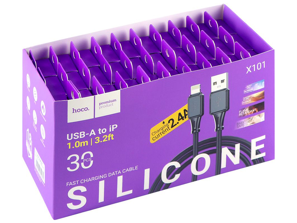 Кабель USB Hoco X101 Assistant Silicone Lightning 2.4A 30шт. Колір Чорний