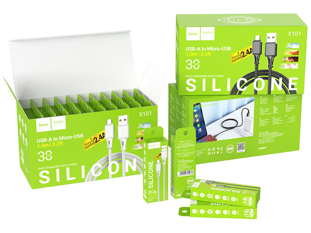 Кабель USB Hoco X101 Assistant Silicone Micro 2.4A 30шт. Цвет Черный