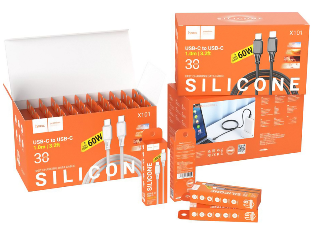 Кабель USB Hoco X101 Assistant Silicone Type-C to Type-C 60W 30шт, Цвет Серый