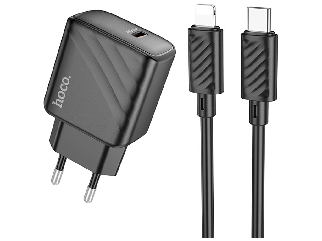 Мережевий зарядний пристрій Hoco CS22A 1USB-C PD/QC 30W+Type-C to Lightning, Колір Чорний
