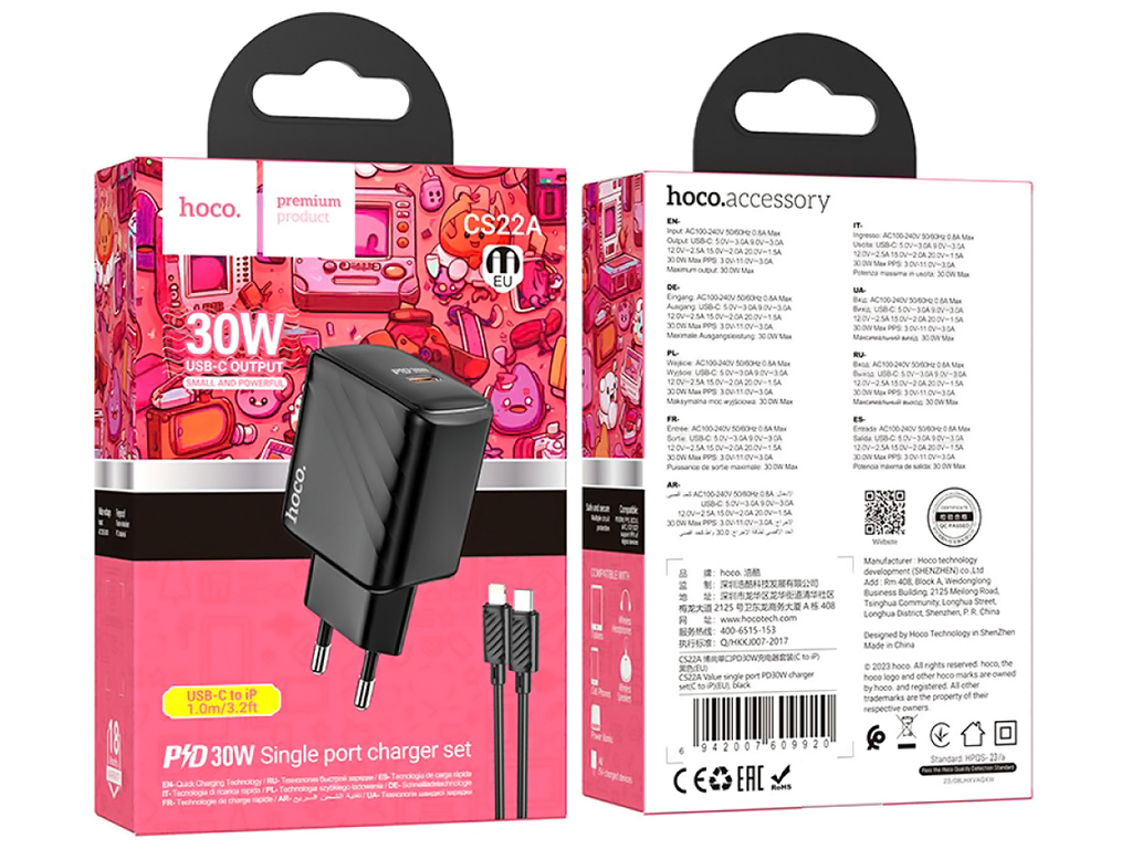 Мережевий зарядний пристрій Hoco CS22A 1USB-C PD/QC 30W+Type-C to Lightning, Колір Чорний