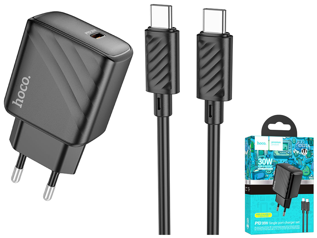 Мережевий зарядний пристрій Hoco CS22A 1USB-C PD/QC 30W+Type-C to Type-C, Колір Чорний