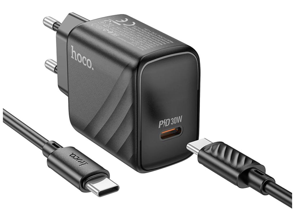Мережевий зарядний пристрій Hoco CS22A 1USB-C PD/QC 30W+Type-C to Type-C, Колір Чорний