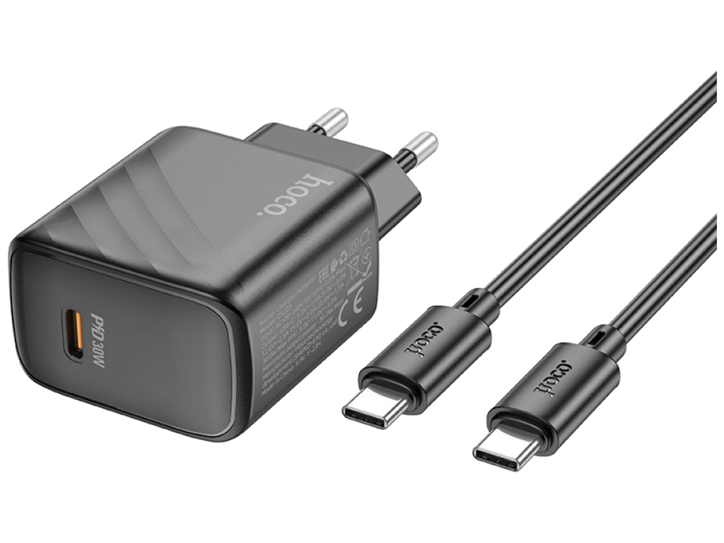 Мережевий зарядний пристрій Hoco CS22A 1USB-C PD/QC 30W+Type-C to Type-C, Колір Чорний
