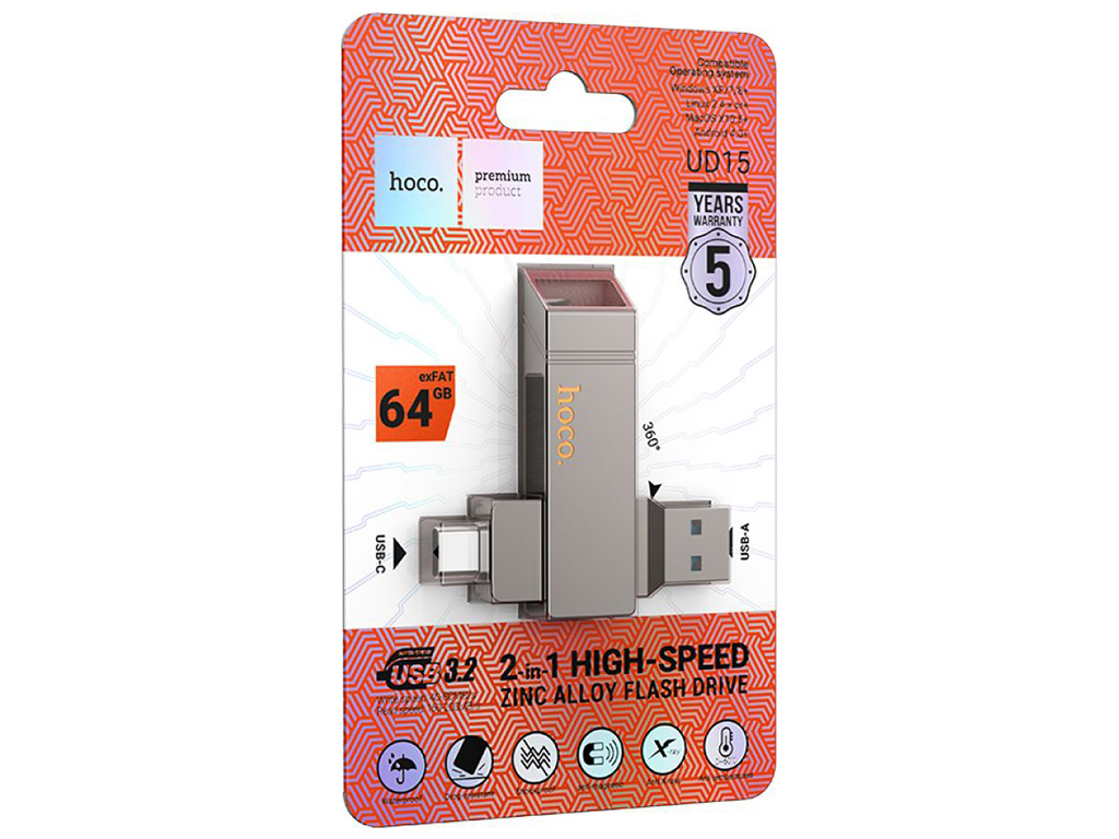 USB флеш-накопичувач Hoco UD15 Clever USB3.2 64GB Type-C, Колір Сiрий