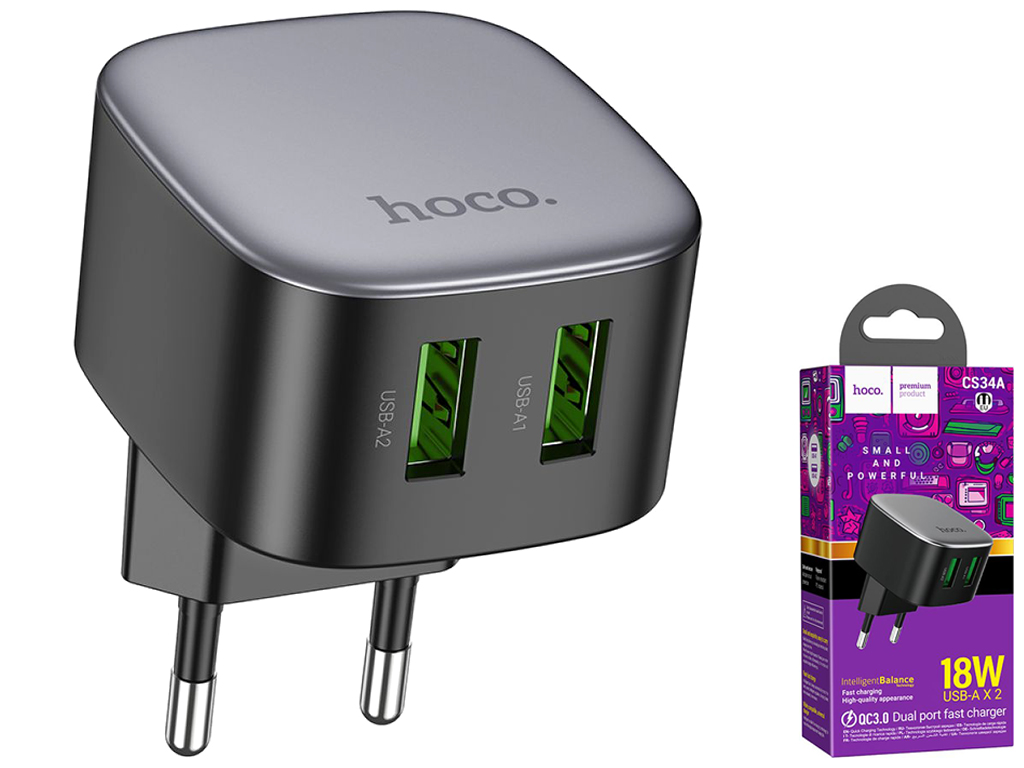 Сетевое зарядное устройство Hoco CS34A 2USB QC 18W, Цвет Черный