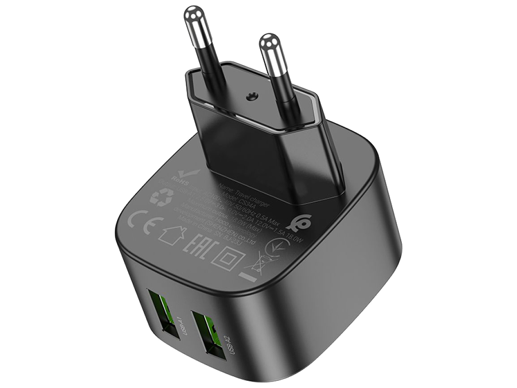 Сетевое зарядное устройство Hoco CS34A 2USB QC 18W, Цвет Черный
