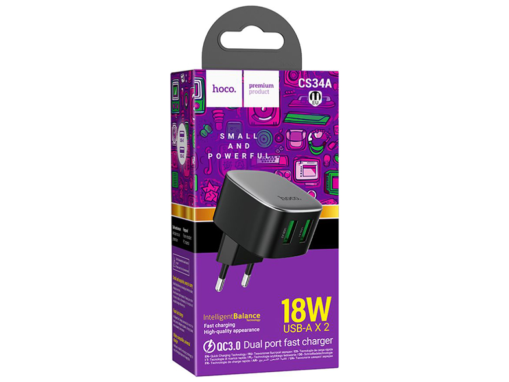 Сетевое зарядное устройство Hoco CS34A 2USB QC 18W, Цвет Черный