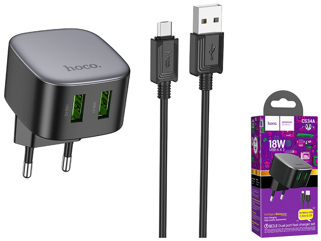 Сетевое зарядное устройство Hoco CS34A 2USB QC 18W+USB to Micro, Цвет Черный