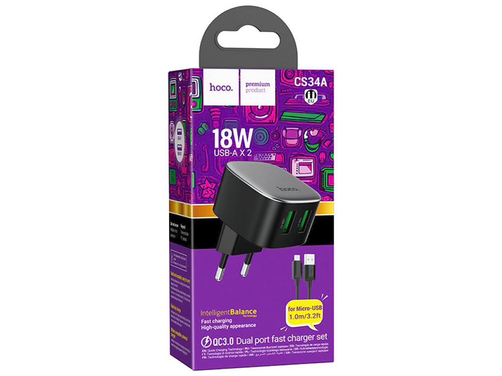 Сетевое зарядное устройство Hoco CS34A 2USB QC 18W+USB to Micro, Цвет Черный